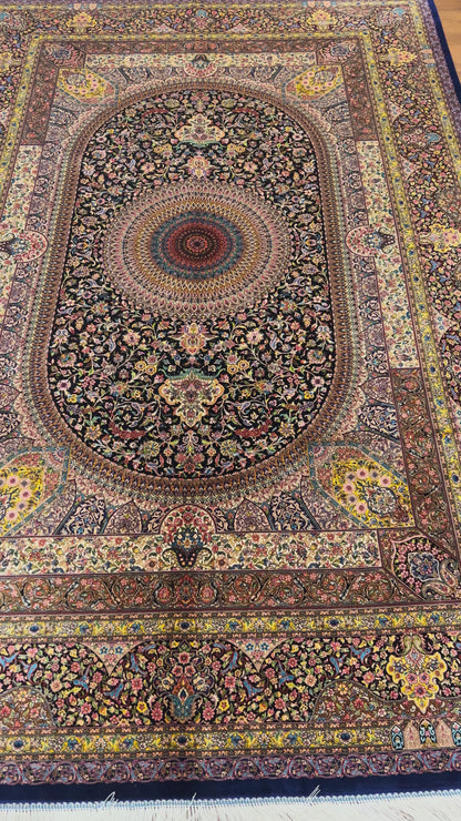 5’ x 8’ Luxury Silk Rug – Black Grand Medallion & Floral Design – Intricate Woven Turkish Area Rug