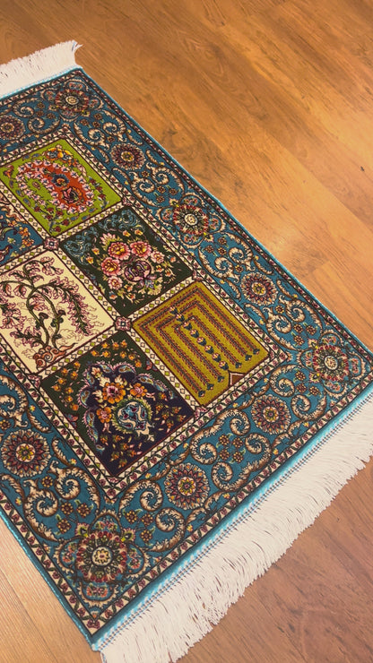 19” x 28” Small Silk Rug – Turquoise Garden Panel Luxury Accent Rug