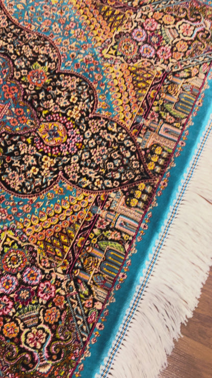 23” x 35” Luxury Turkish Silk Rug – Vibrant Turquoise Blue & Black Floral Medallion Design | Premium Oriental Accent Rug