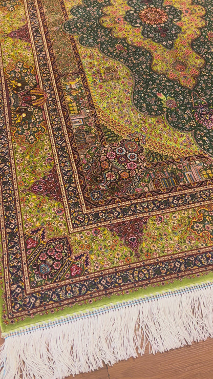 3x5 ft Green Bamboo Silk Rug – Ornate Floral Medallion Design, Black & Burgundy Details, Luxury Silk Accent Rug