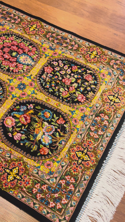 23” × 35” Luxury Turkish Silk Rug – Black & Gold Six-Panel Floral Garden, Hereke-Inspired Small Accent Rug
