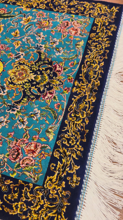 23” × 35” Luxury Turkish Bamboo Silk Rug – Turquoise Blue & Navy Gold Floral Medallion Accent Rug