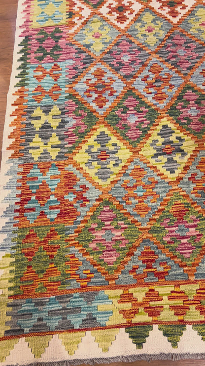 7x10 Turkish Kilim Rug – Multicolor Geometric Diamond Design, Handwoven Wool Area Rug
