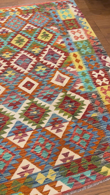 5x7 Fine Quality Handwoven Turkish Kilim Rug – Pastel Blue Geometric Anatolian Rug