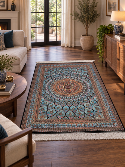 Light Blue Bamboo Silk Rug 3x5 ft – Radiant Floral Medallion Silk Area Rug with Elegant Ornamental Design