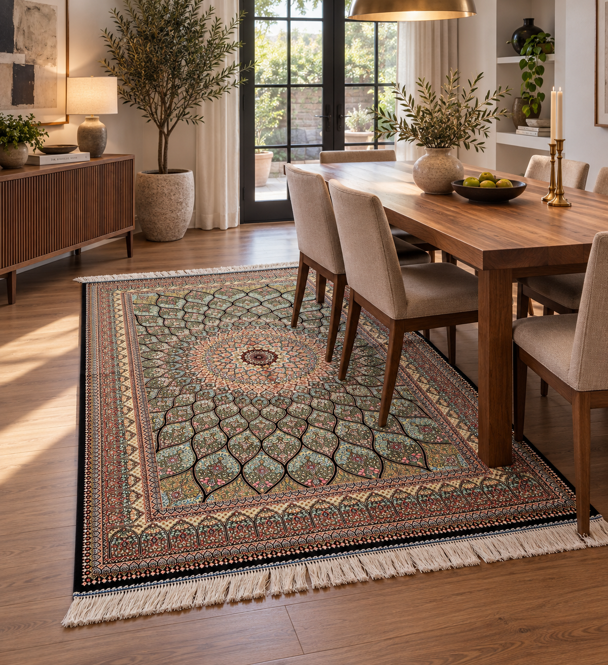 Olive Green Bamboo Silk Rug 3x5 ft – Radiant Floral Medallion Silk Area Rug with Intricate Botanical Design