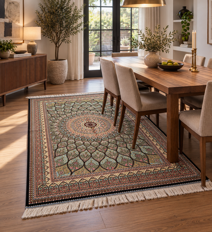 Olive Green Bamboo Silk Rug 3x5 ft – Radiant Floral Medallion Silk Area Rug with Intricate Botanical Design