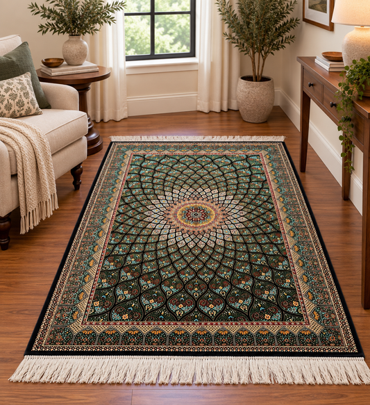 3x5 ft Silk Rug – Deep Green Geometric Medallion Design, Turquoise Luxury Area Rug