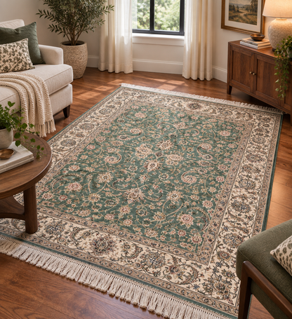 3x5 ft Green Bamboo Silk Rug – Elegant Floral Vine Design, Ivory Border, Classic Luxury Silk Area Rug