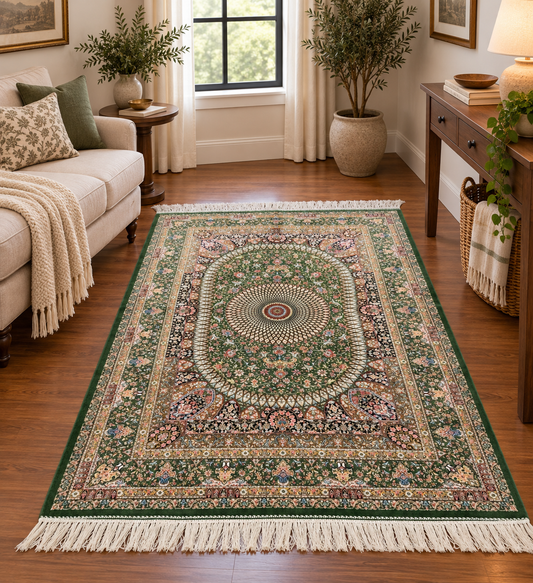 3x5 ft Silk Rug – Deep Green Floral Medallion Design, Ornate Luxury Area Rug