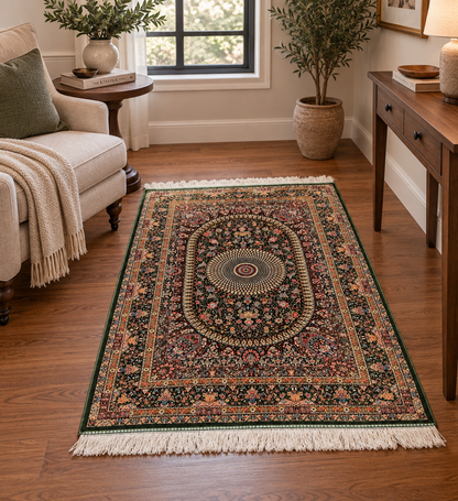 3x5 ft Green Bamboo Silk Rug – Ornate Floral Medallion Design, Luxury Silk Accent Rug, Elegant Classic Home Decor